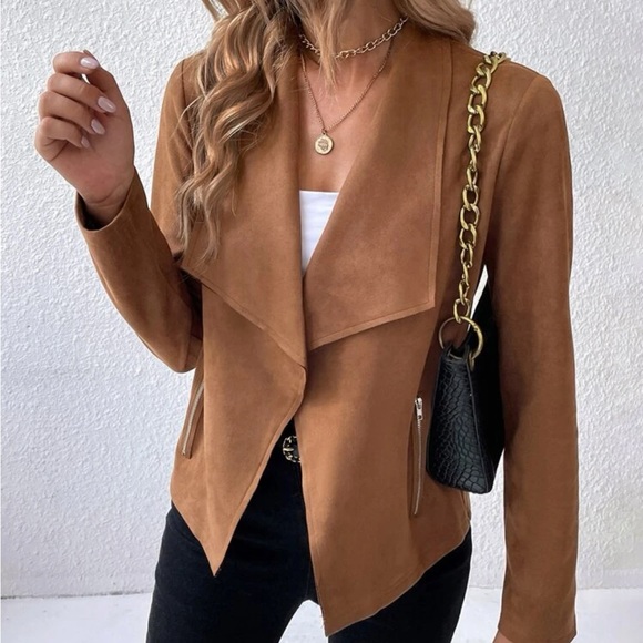 Luxe tan suede waterfall collar jacket